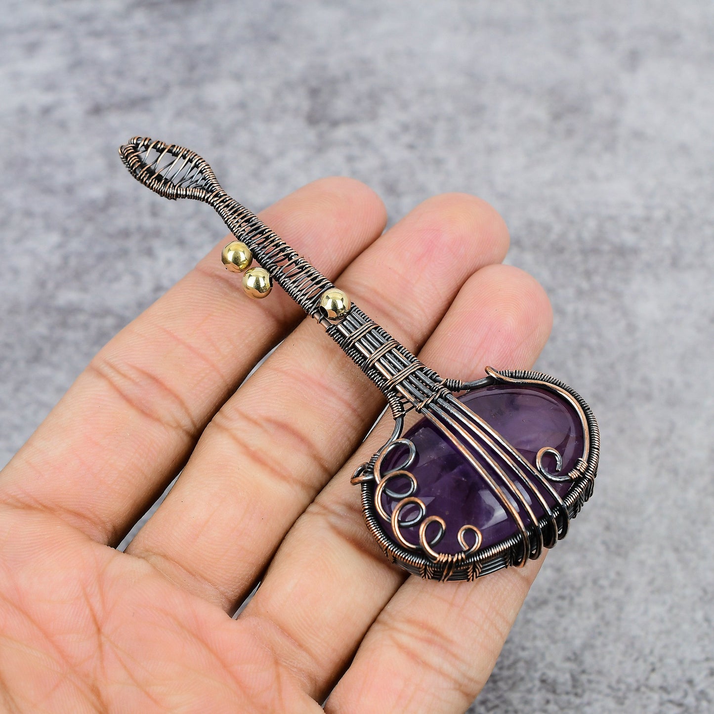Purple Amethyst Gemstone Copper Guitar Pendant