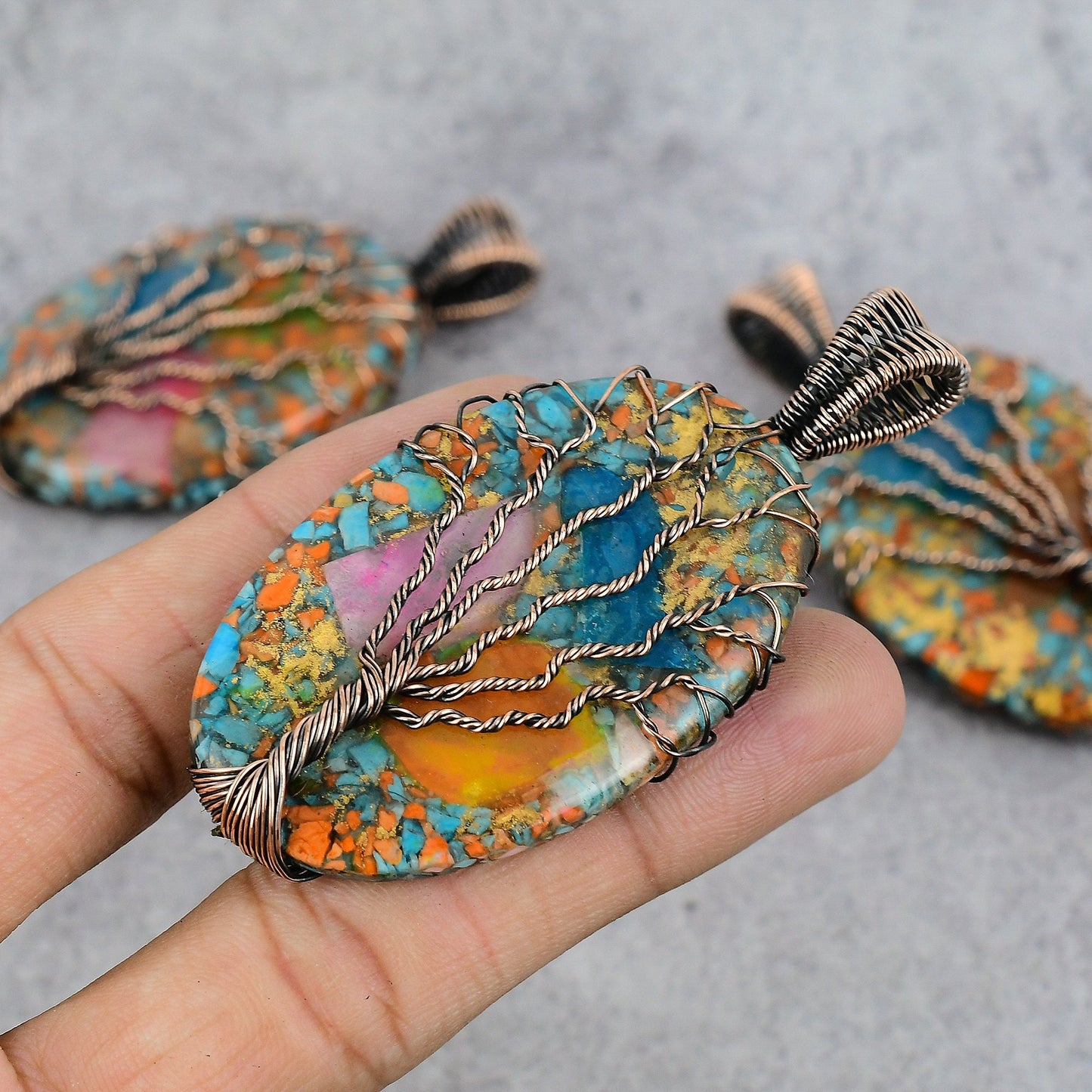 Multi-Color Spiny Oyster Gemstone Copper Pendant