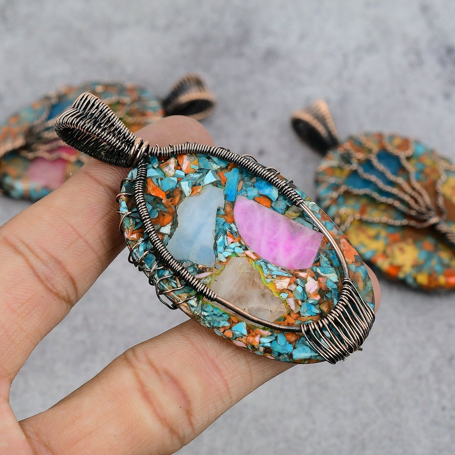 Multi-Color Spiny Oyster Gemstone Copper Pendant
