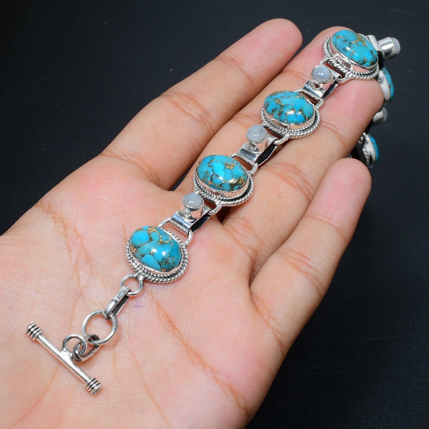 Blue Copper Turquoise & Moonstone Gemstone Bracelet