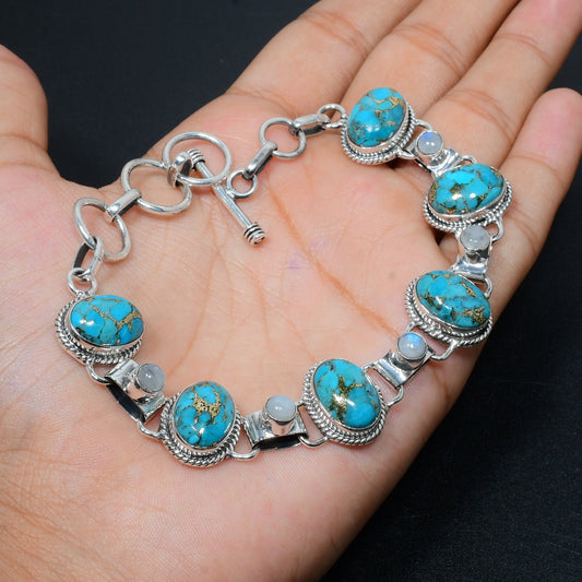Blue Copper Turquoise & Moonstone Gemstone Bracelet