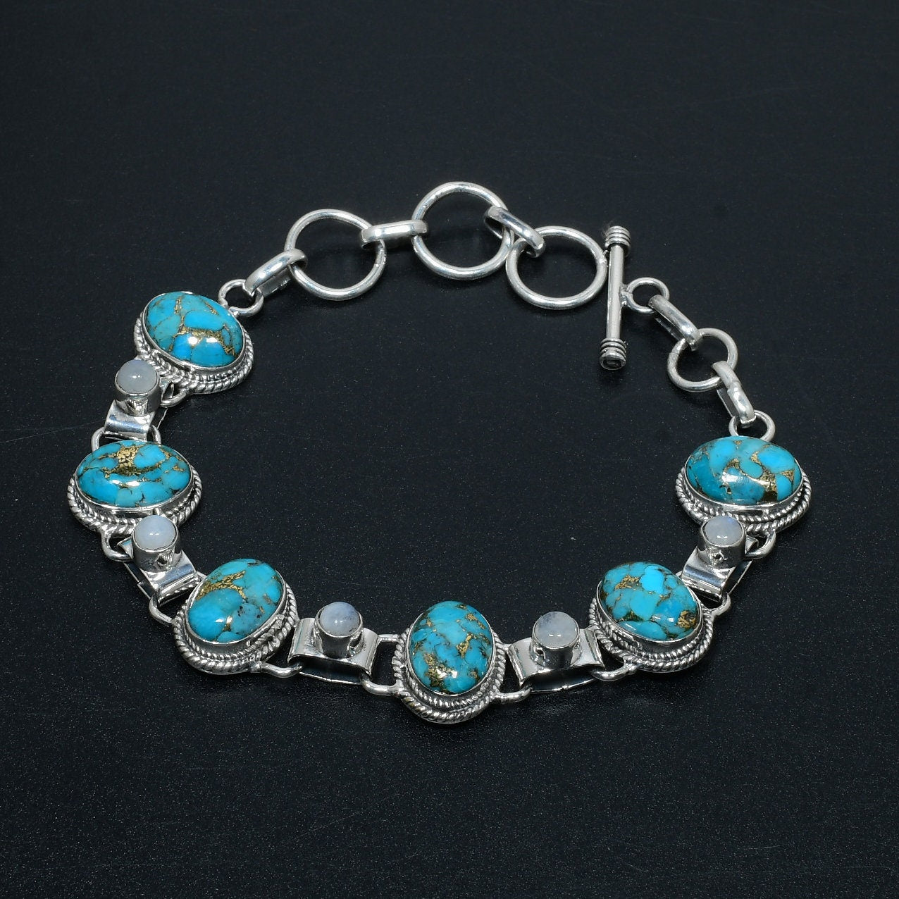 Blue Copper Turquoise & Moonstone Gemstone Bracelet