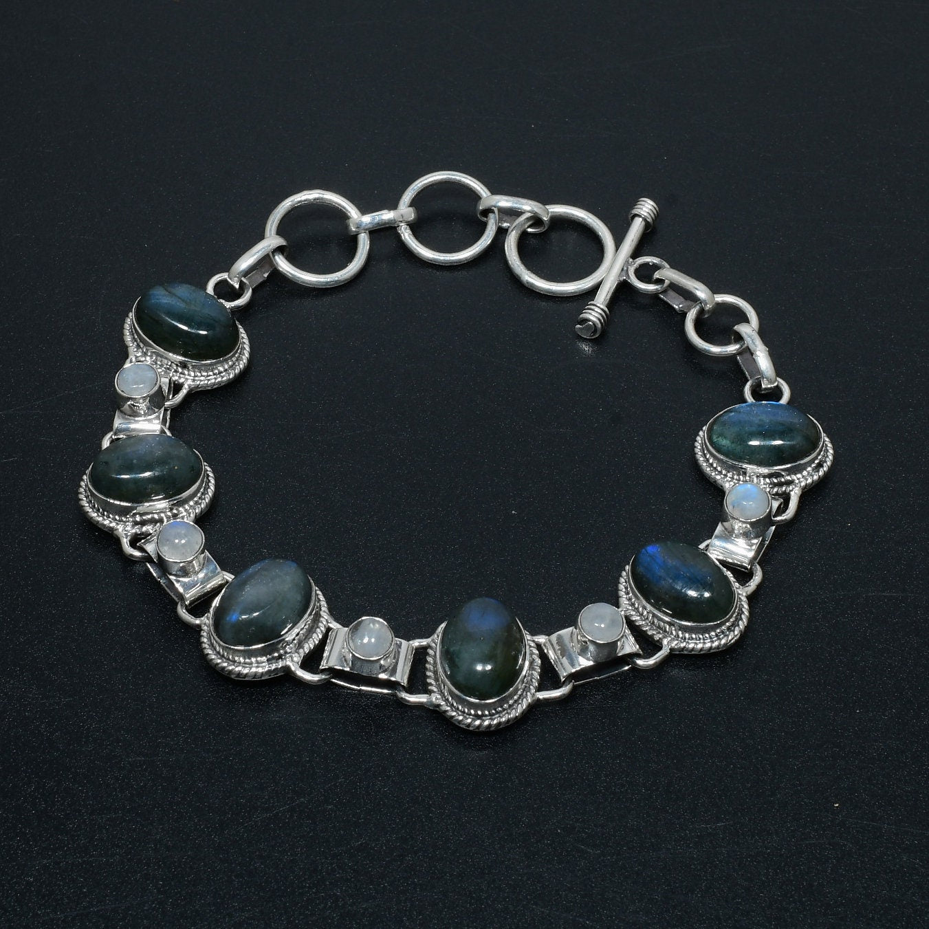 Grey Labradorite & White Moonstone Sterling Silver Bracelet