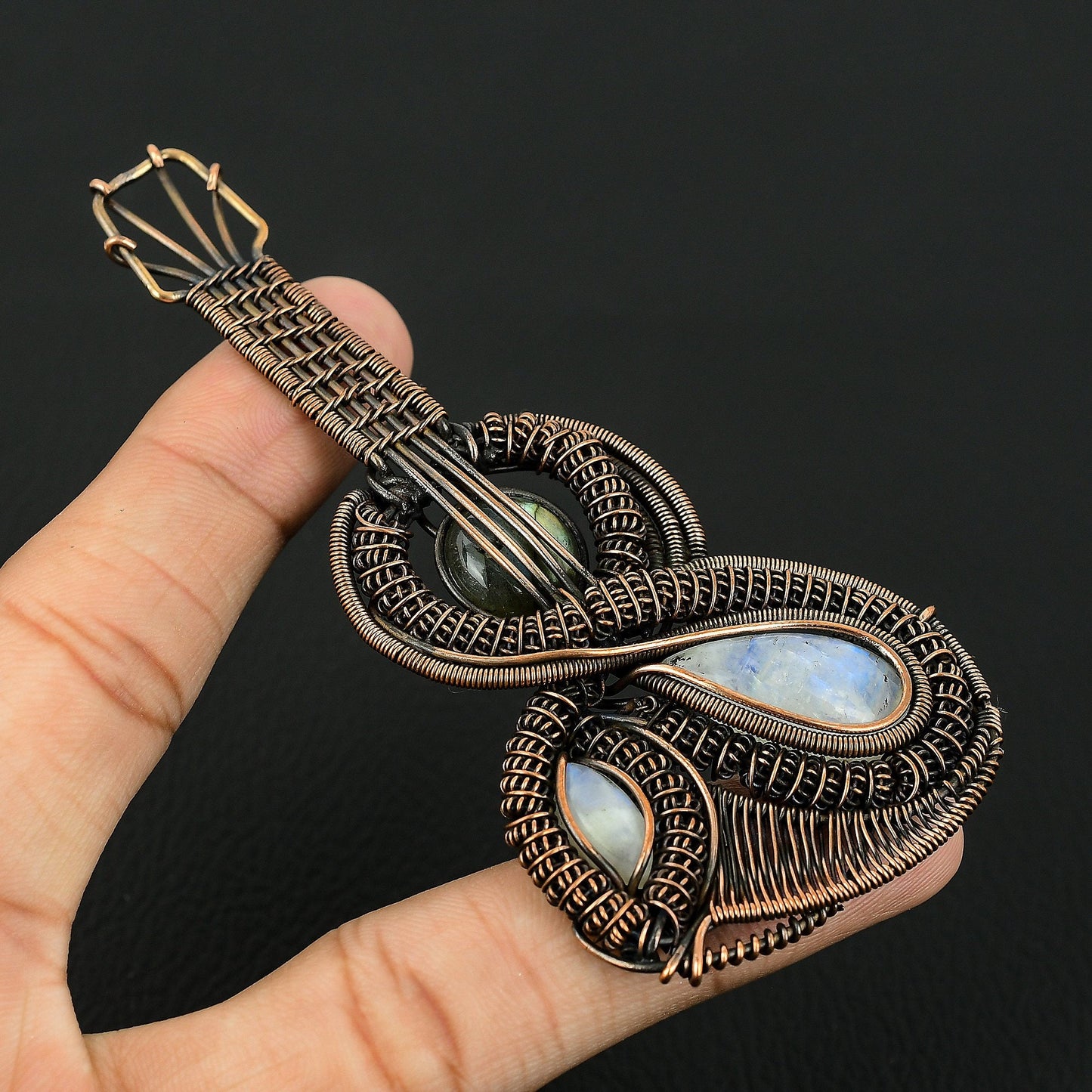 Rainbow Moonstone Labradorite Gemstone Guitar Pendant