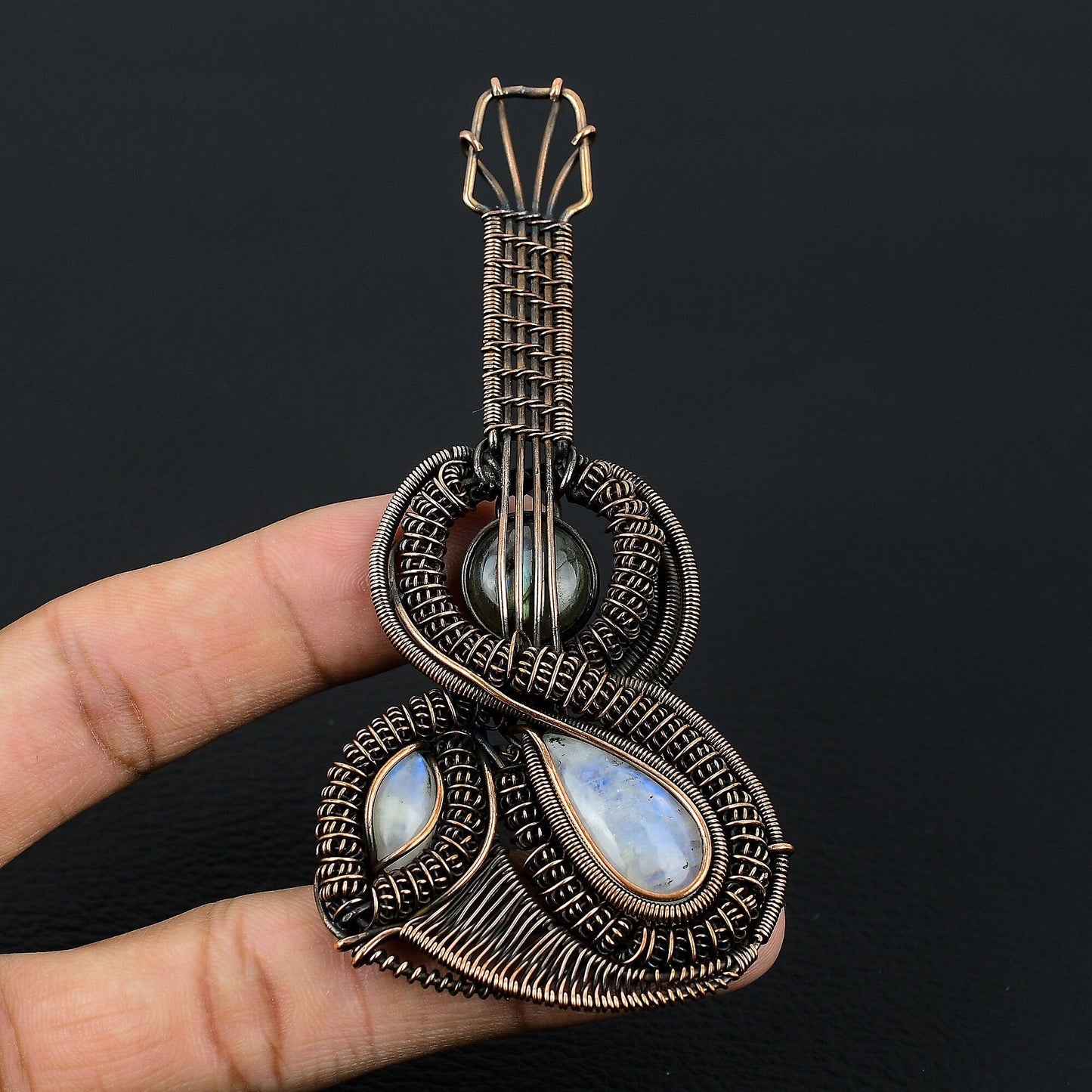 Rainbow Moonstone Labradorite Gemstone Guitar Pendant