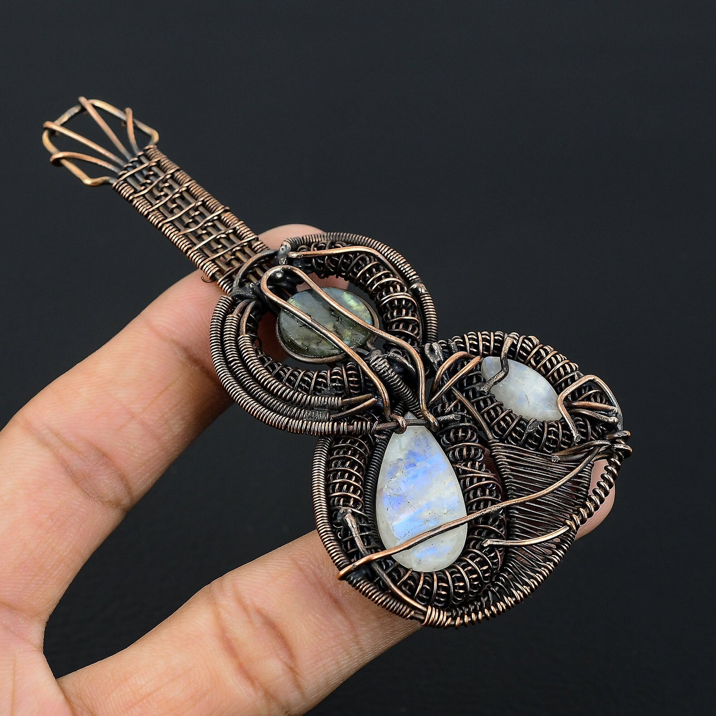 Rainbow Moonstone Labradorite Gemstone Guitar Pendant