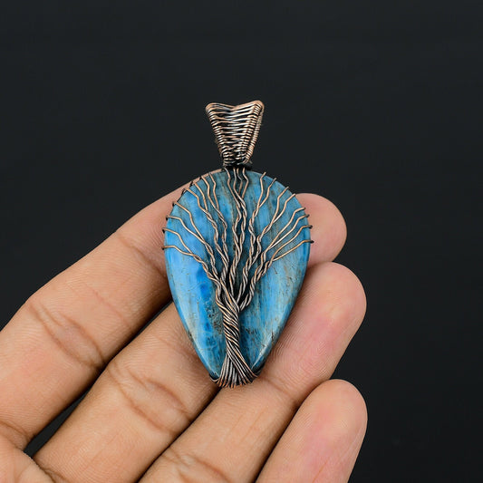 Neon Blue Apatite Gemstone Tree of Life Pendant