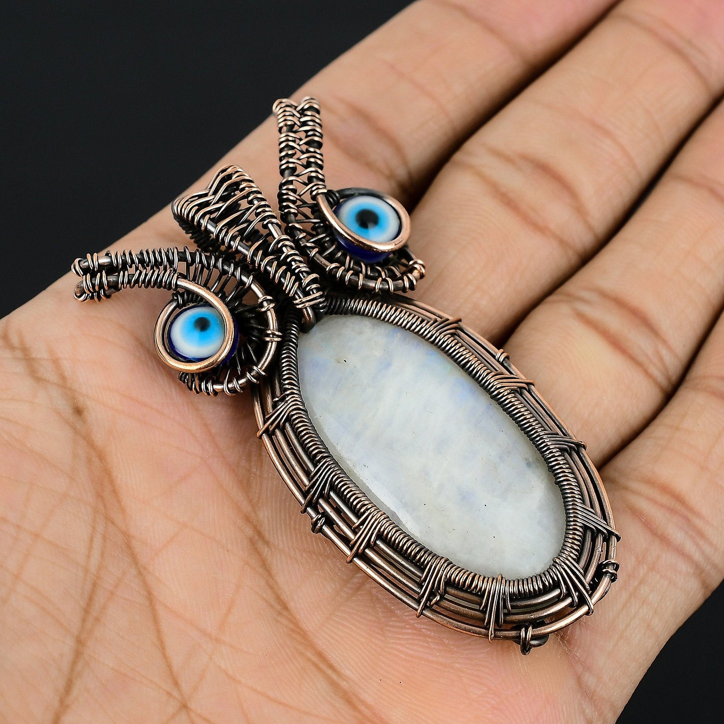 Blue Moonstone Gemstone Owl Pendant
