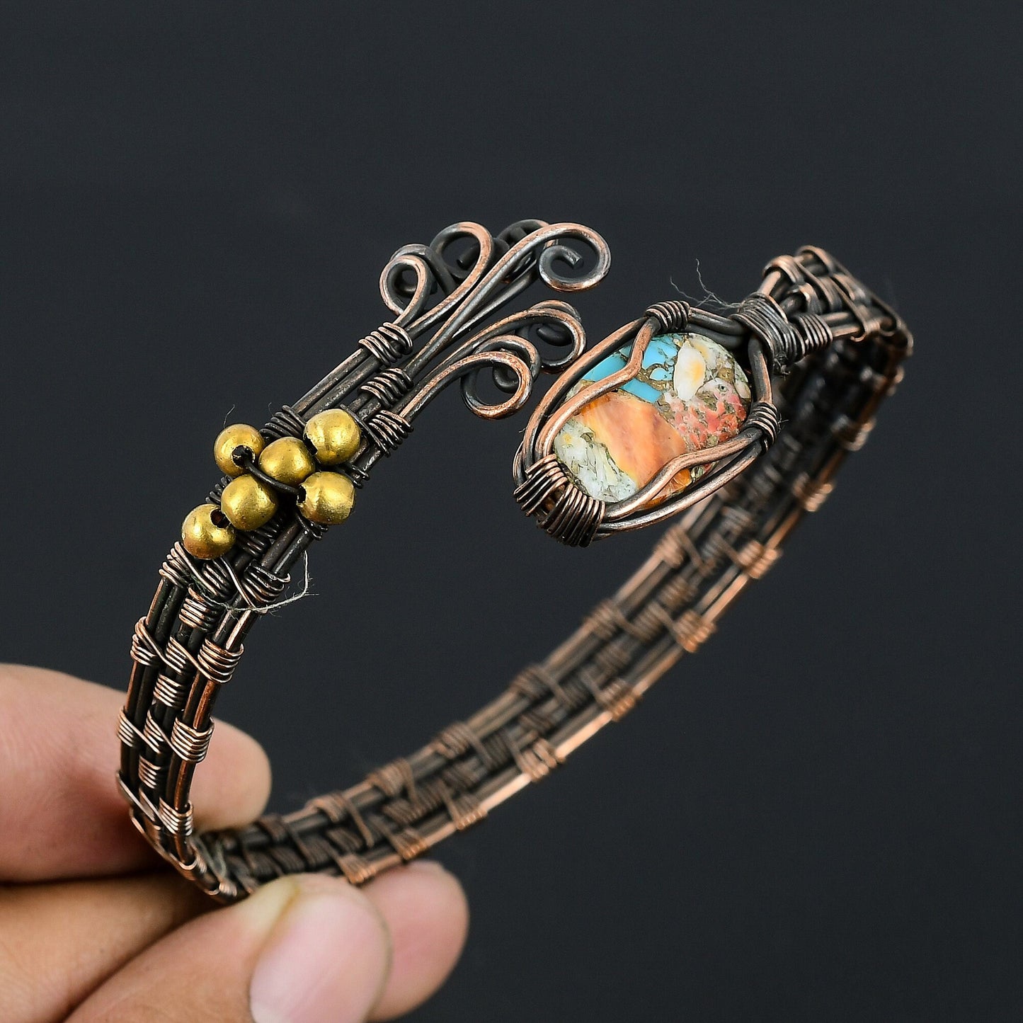 Orange Spiny Oyster Gemstone Wire Wrapped Copper Bracelet
