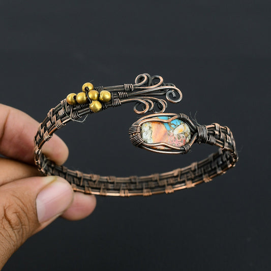 Orange Spiny Oyster Gemstone Wire Wrapped Copper Bracelet