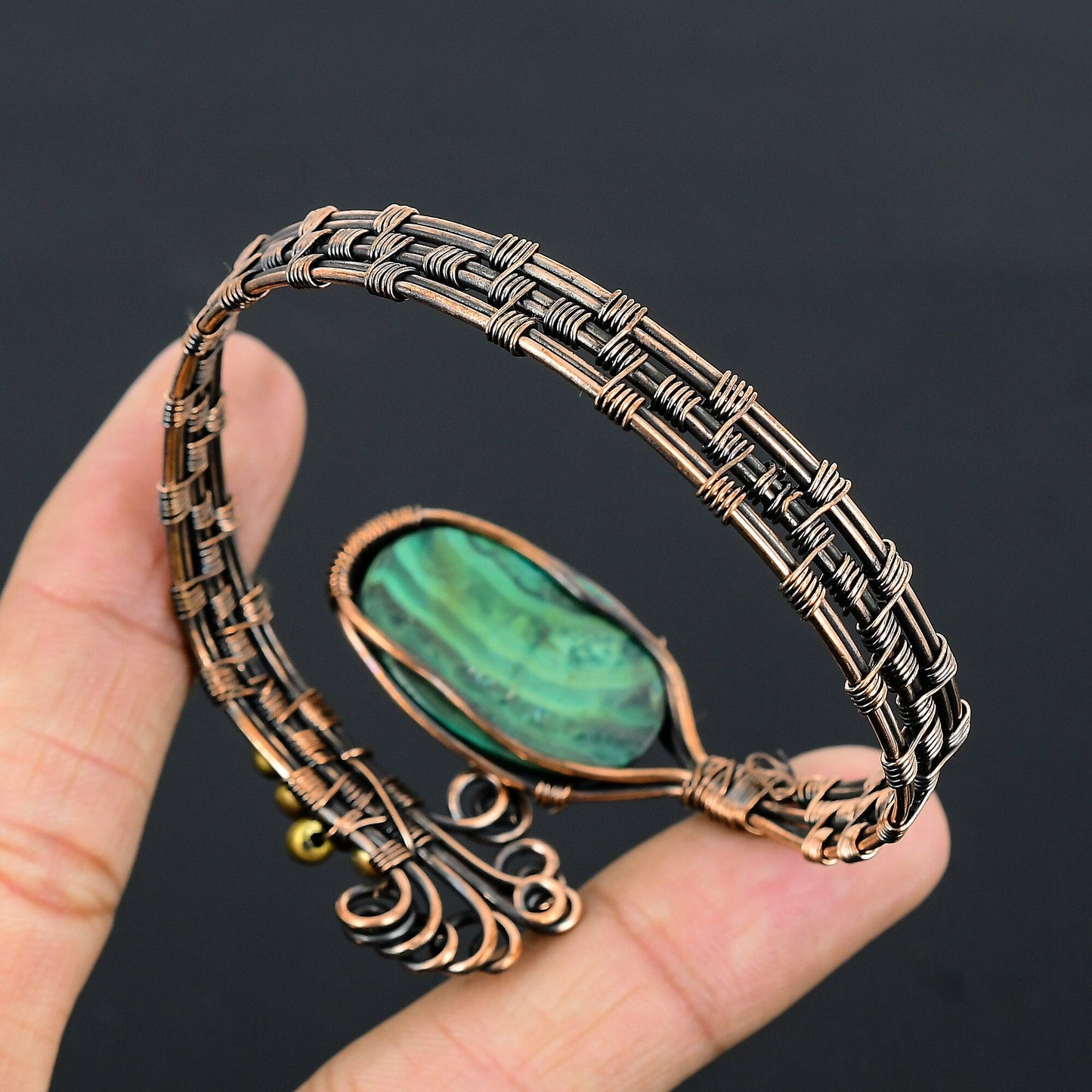 Malachite Green Gemstone Copper Cuff Bracelet