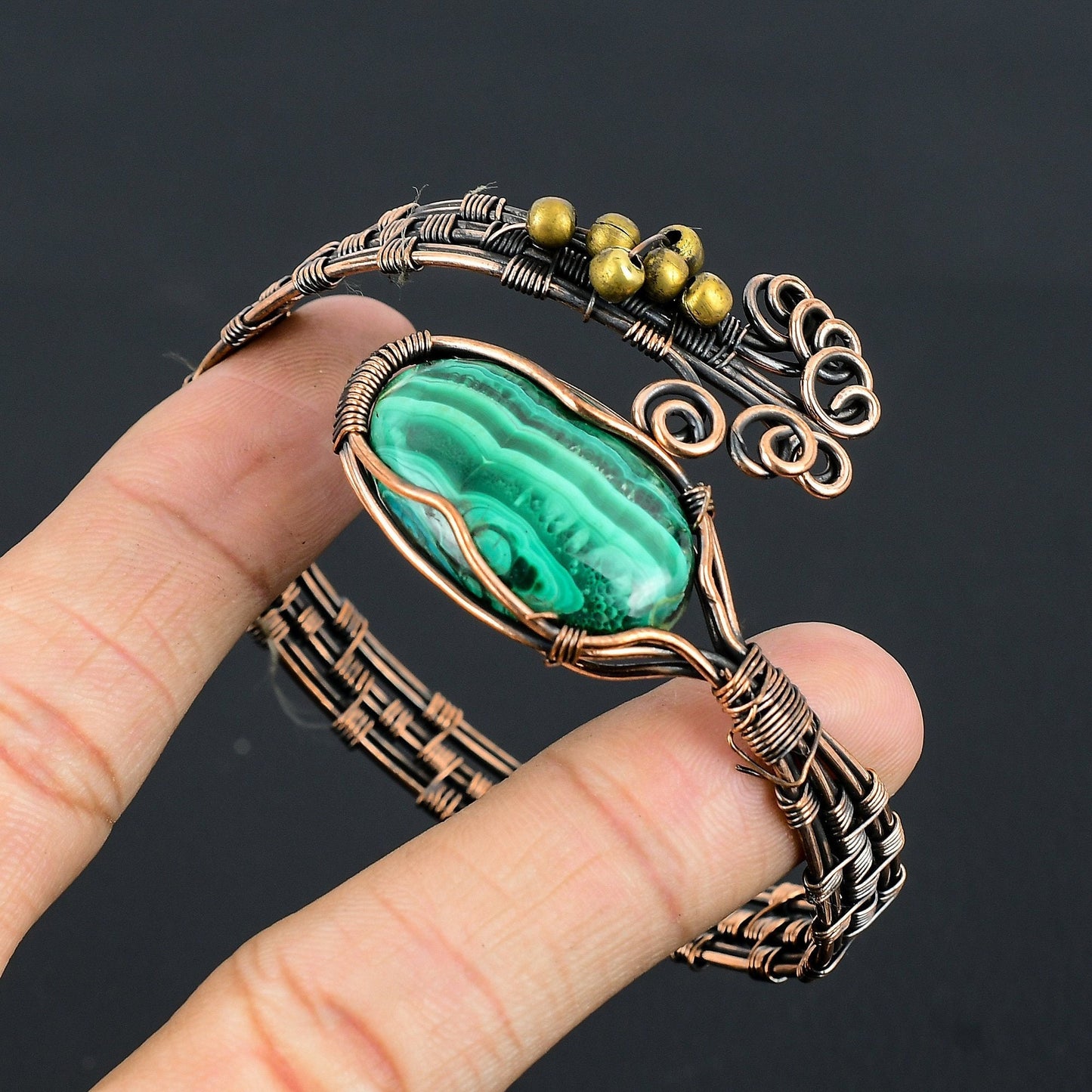 Malachite Green Gemstone Copper Cuff Bracelet