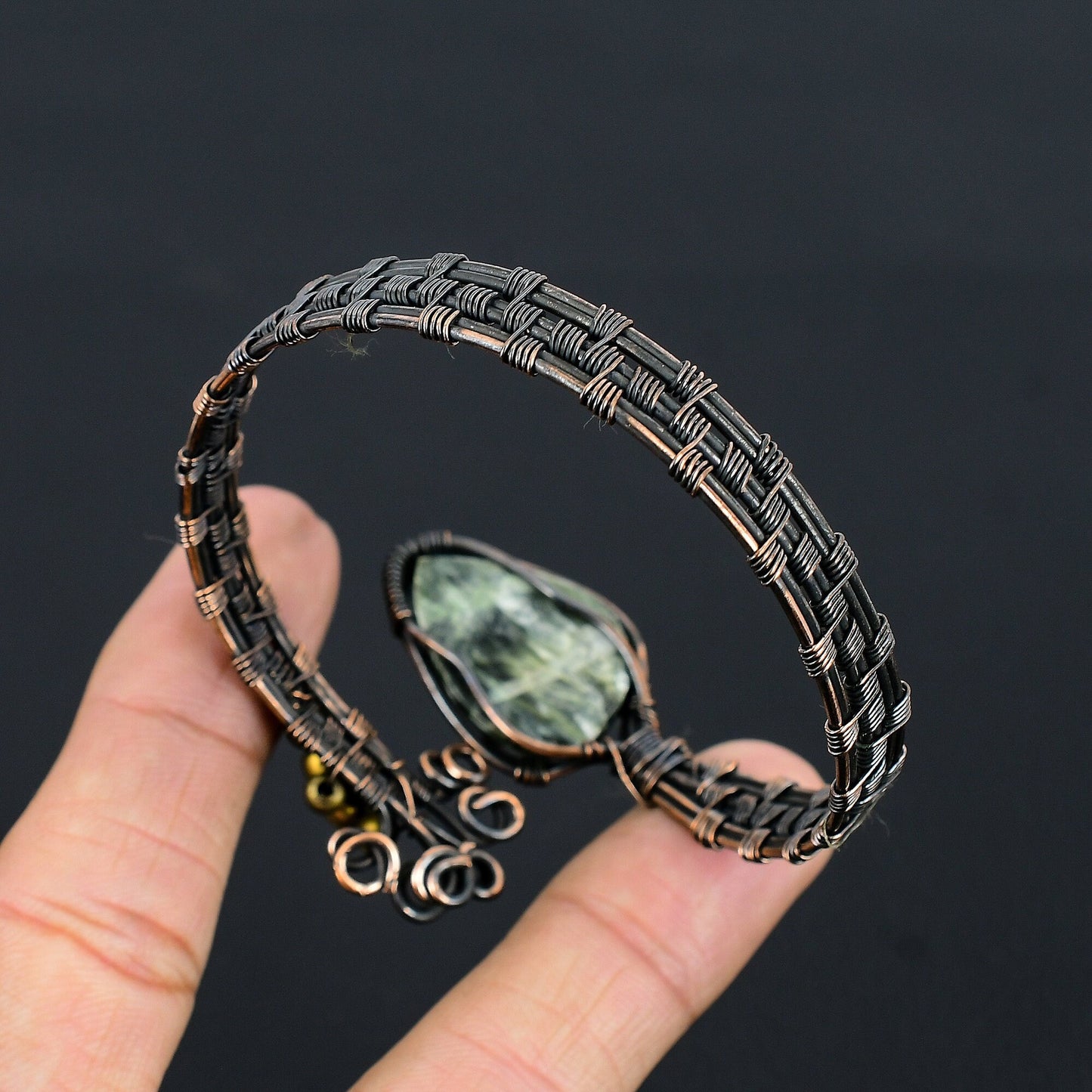 Green Seraphinite Gemstone Copper Cuff Bracelet