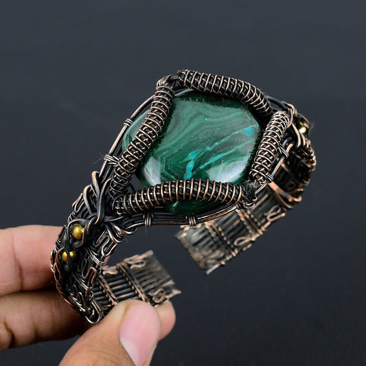 Green Malachite Gemstone Copper Cuff Bracelet