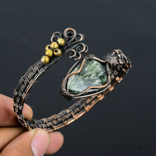 Green Seraphinite Gemstone Copper Cuff Bracelet