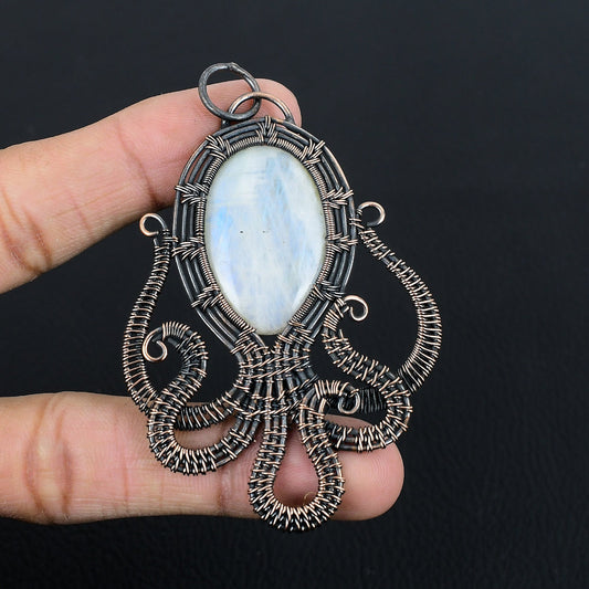 Copper Octopus Moonstone Gemstone Pendant
