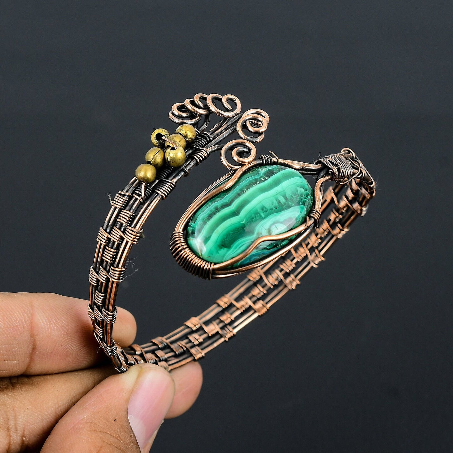 Malachite Green Gemstone Copper Cuff Bracelet