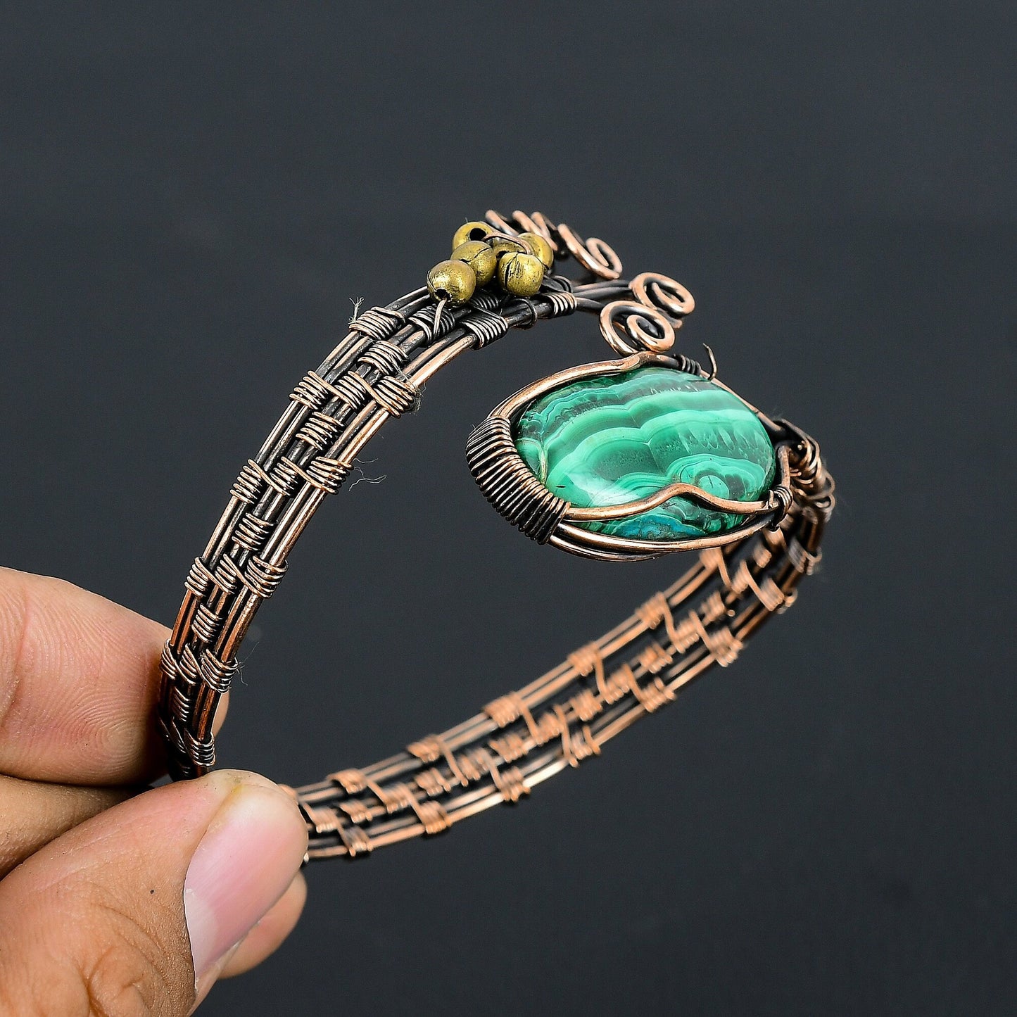 Malachite Green Gemstone Copper Cuff Bracelet