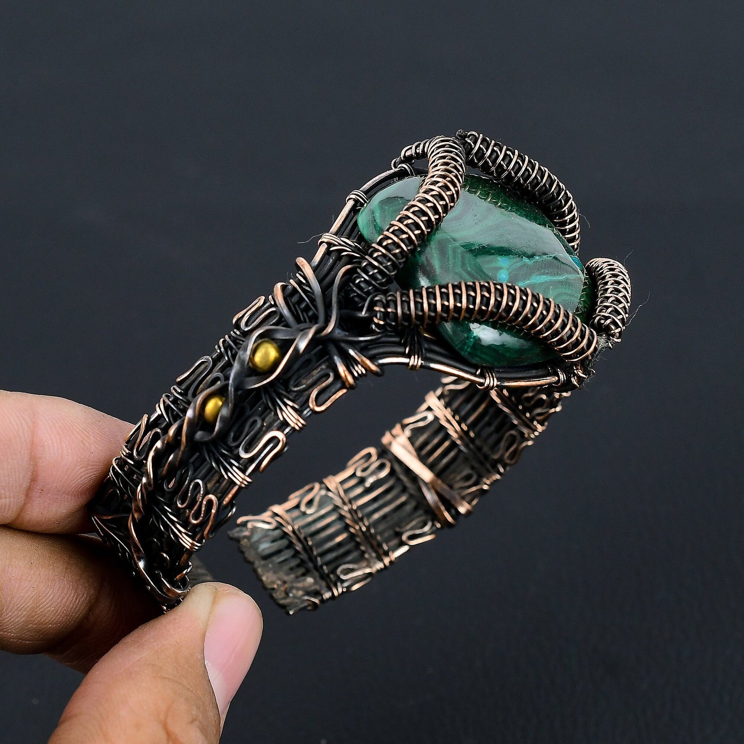 Green Malachite Gemstone Copper Cuff Bracelet