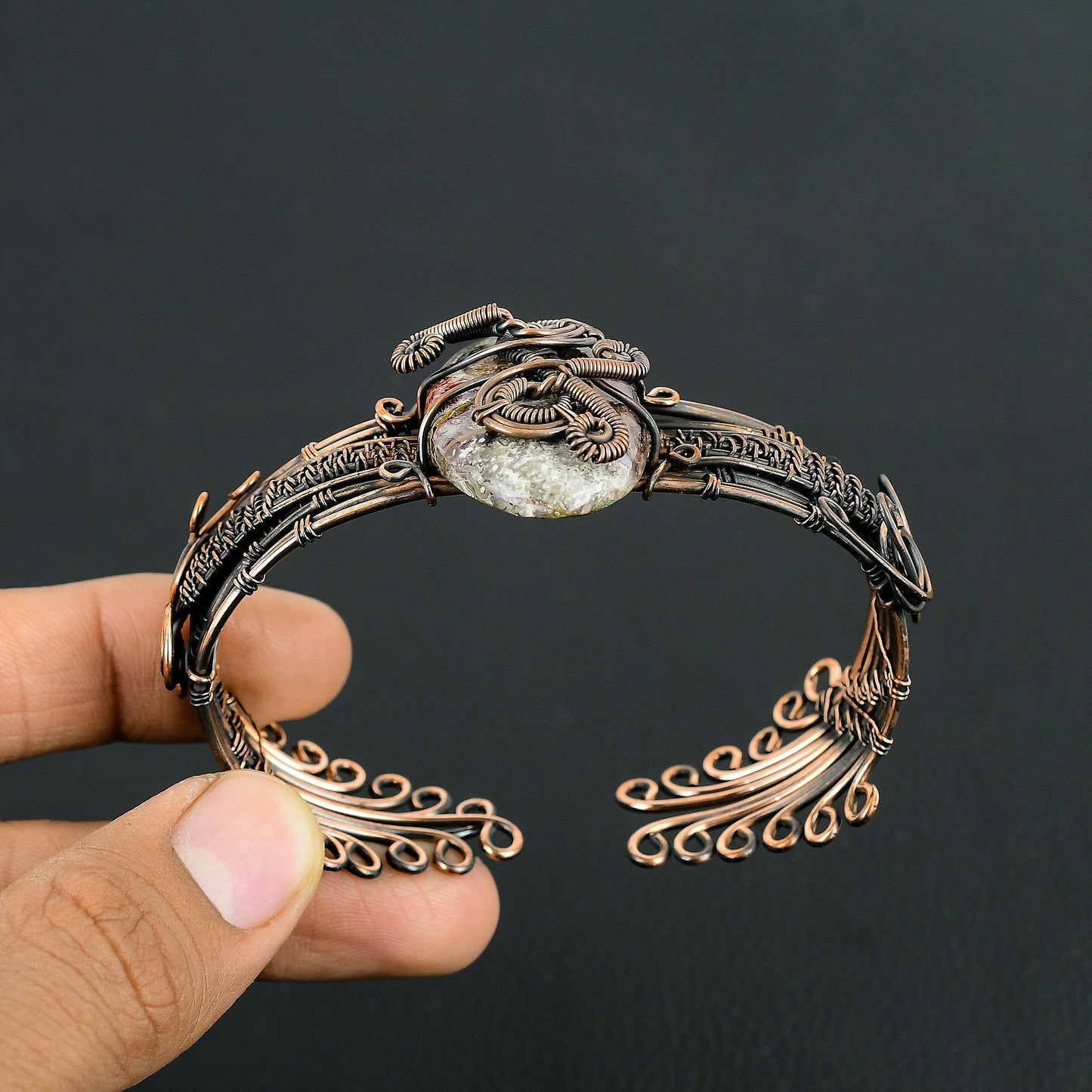 Multicolor Crazy Lace Agate Gemstone Copper Cuff Bracelet