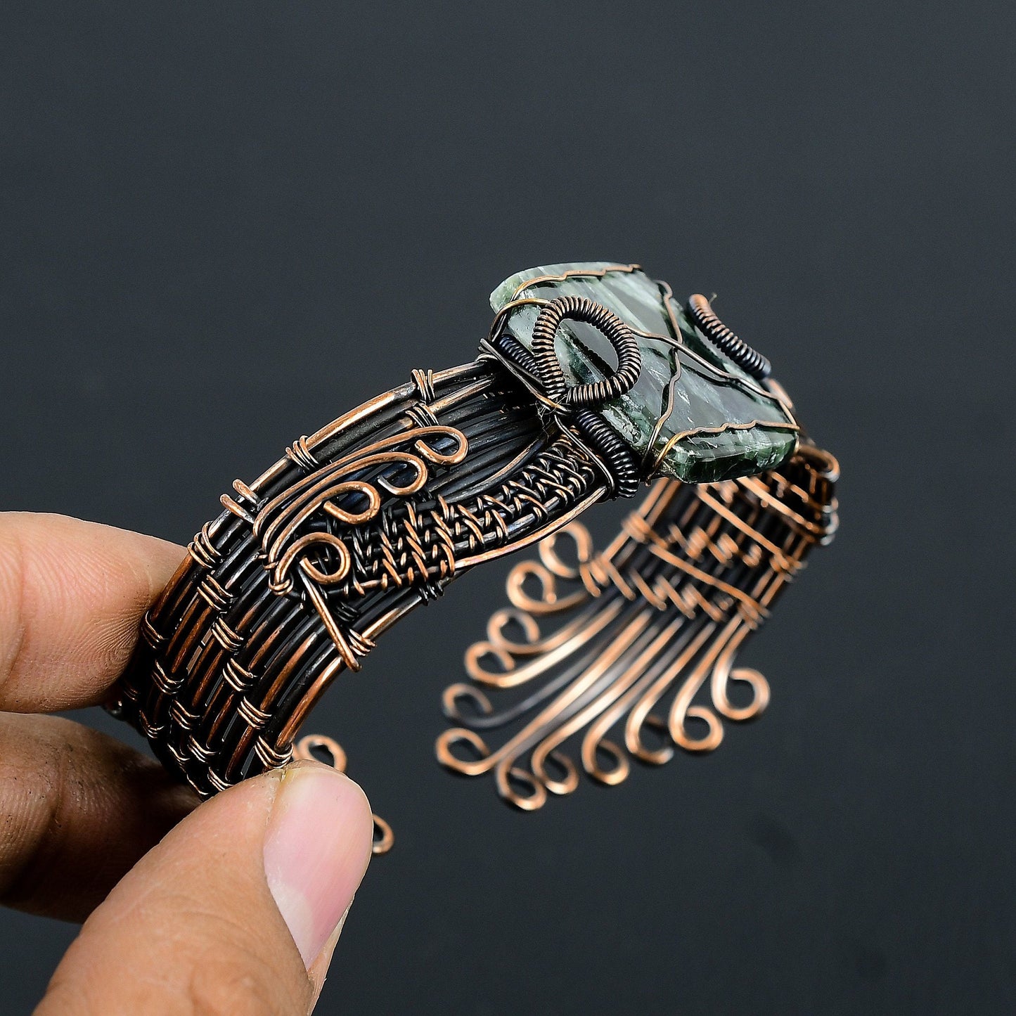 Green Seraphinite Gemstone Copper Cuff Bracelet