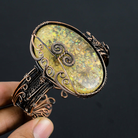 White Ethiopian Opal Gemstone Copper Cuff Bracelet