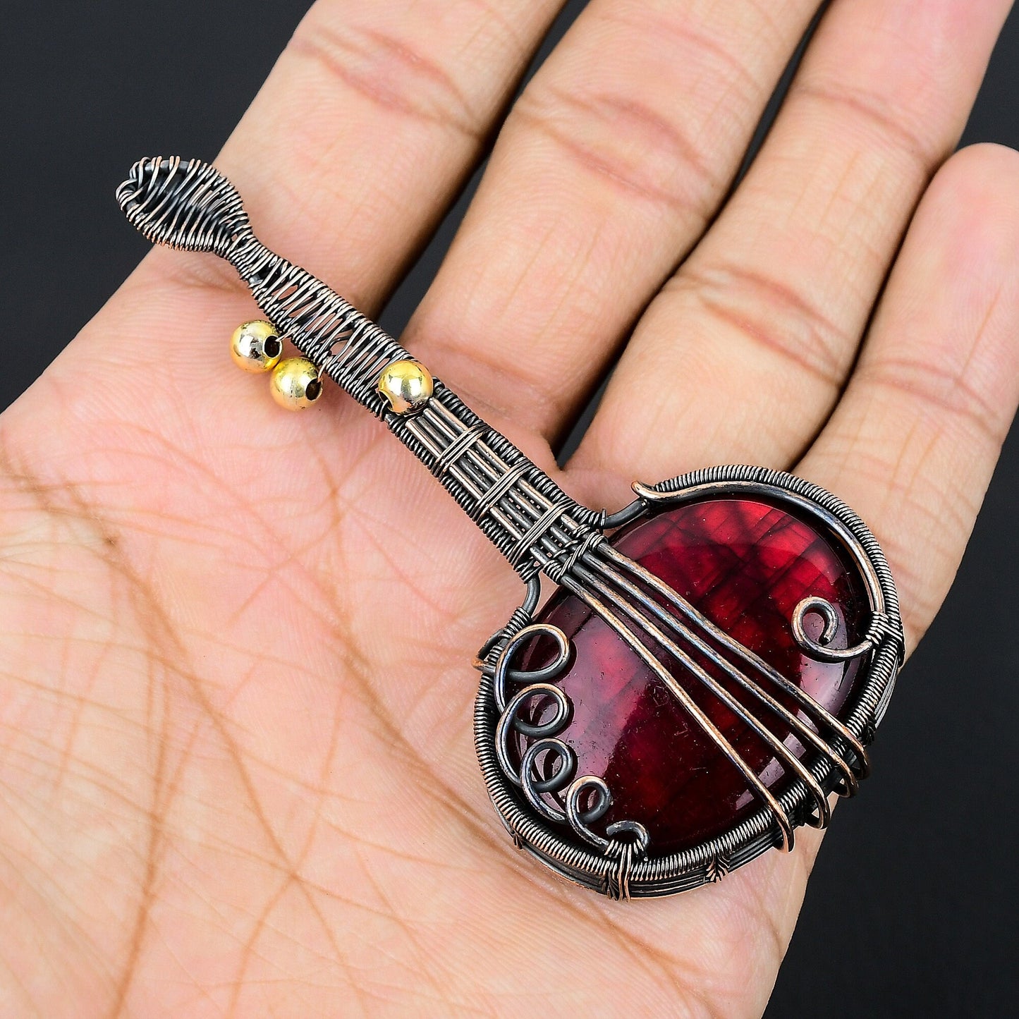 Red Labradorite Gemstone Guitar Pendant