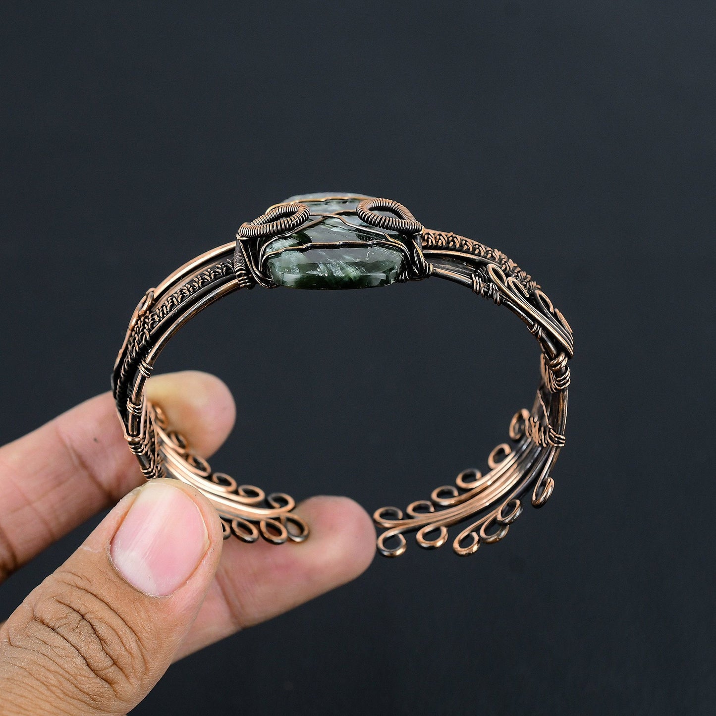 Green Seraphinite Gemstone Copper Cuff Bracelet