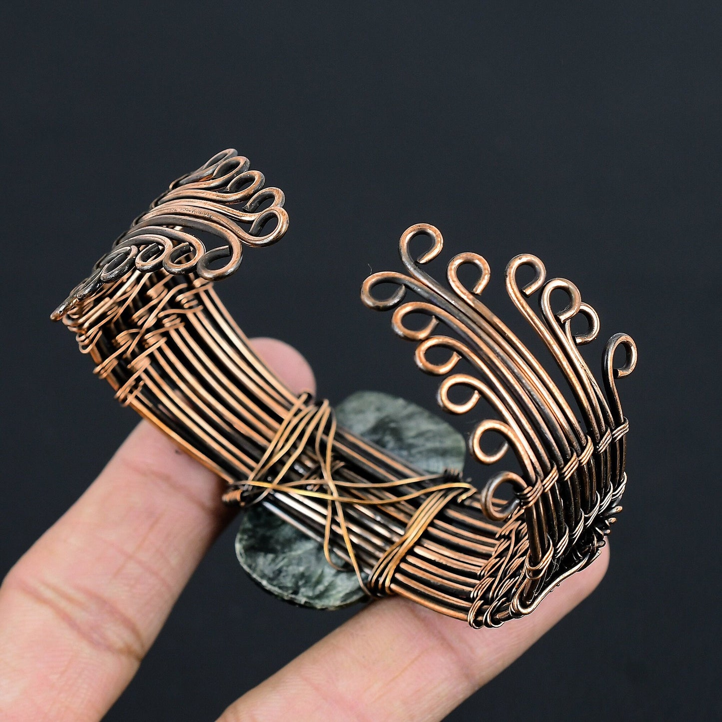 Green Seraphinite Gemstone Copper Cuff Bracelet