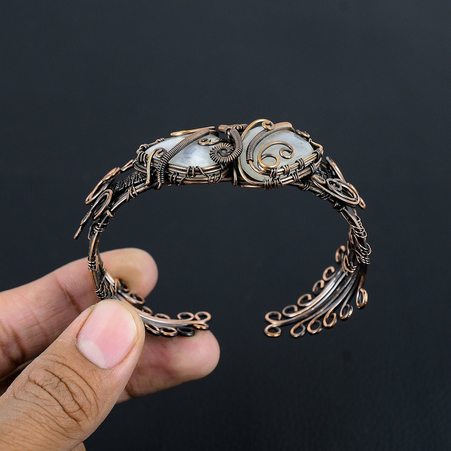 Rainbow Moonstone Gemstone Wire Cuff Bracelet