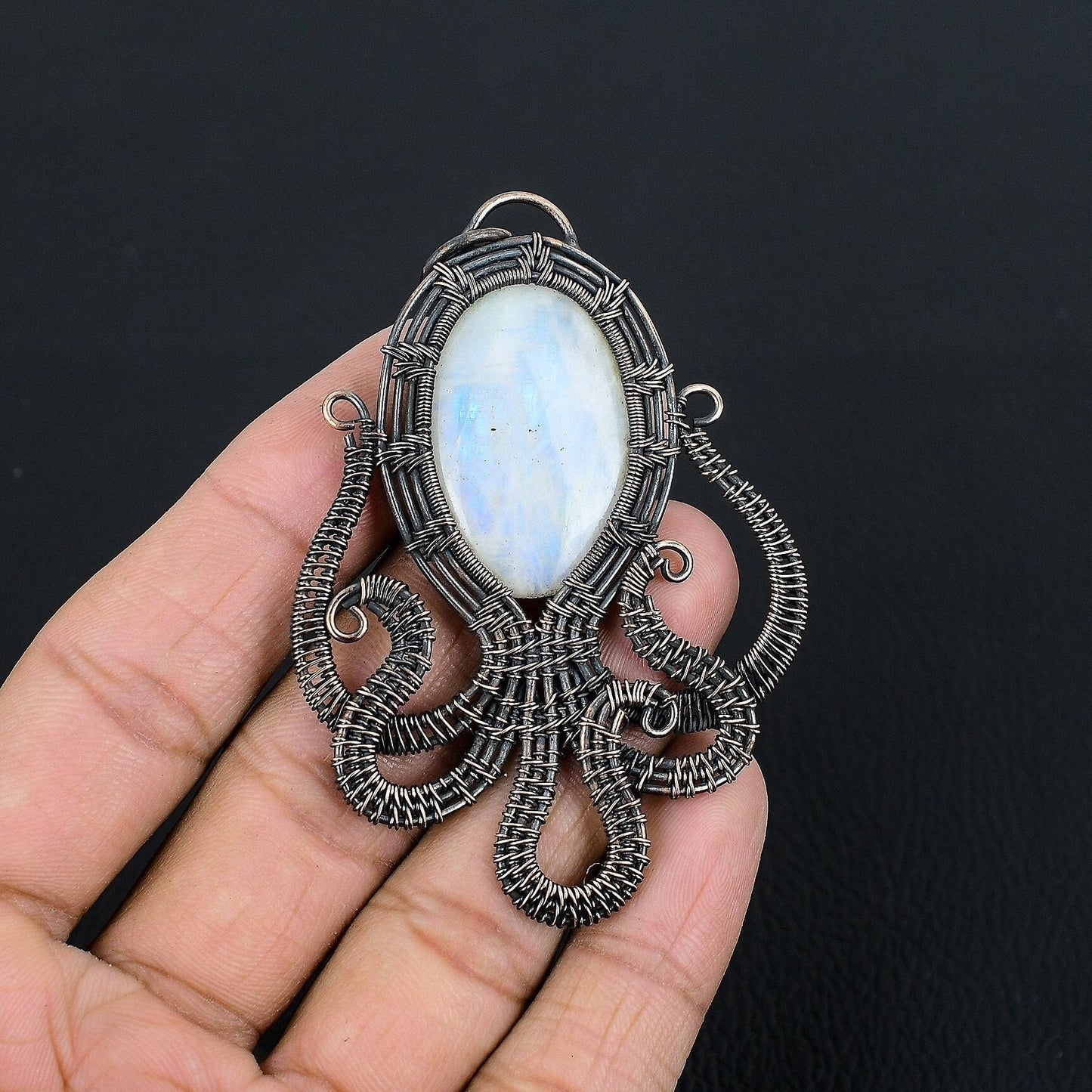 Copper Octopus Moonstone Gemstone Pendant