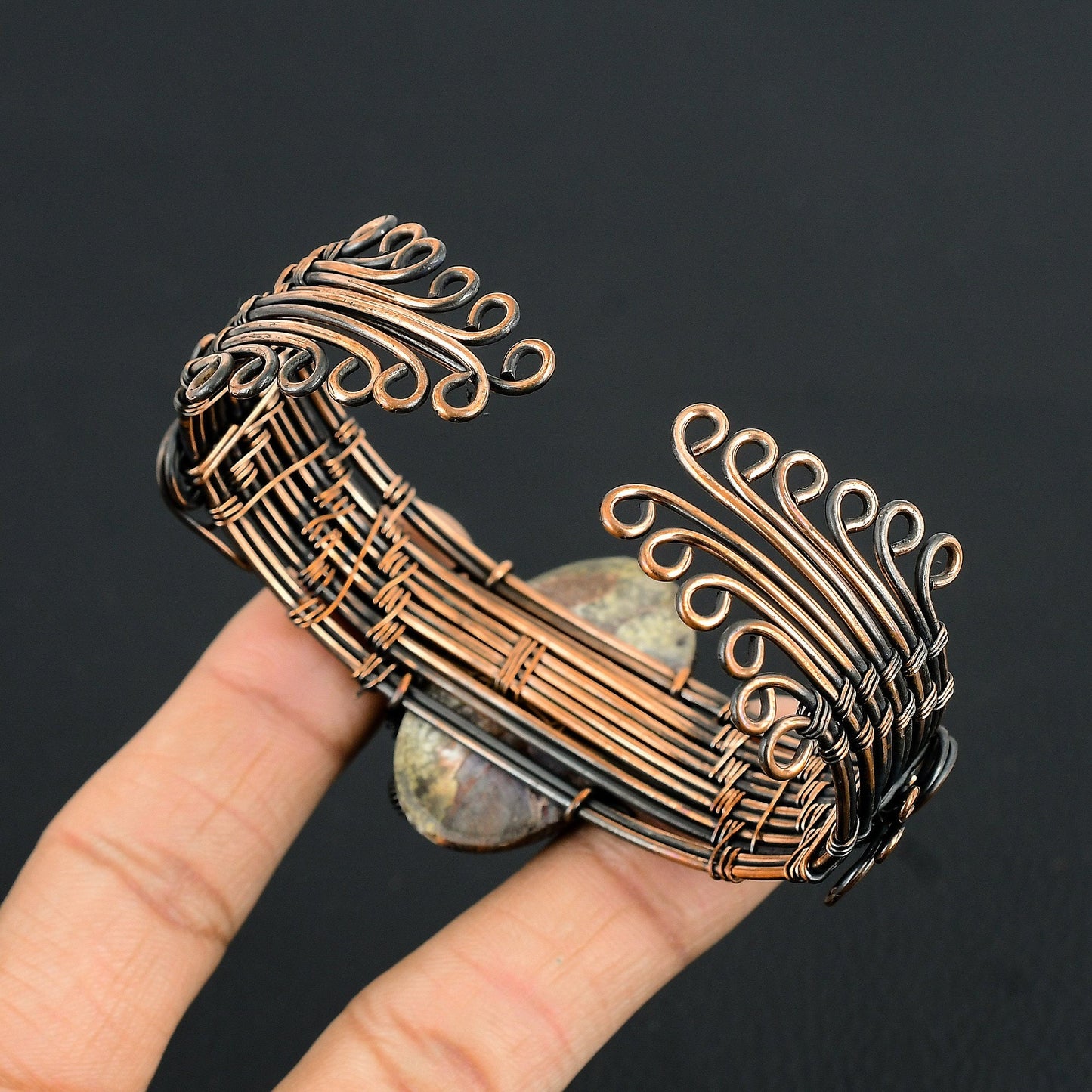 Multicolor Crazy Lace Agate Gemstone Copper Cuff Bracelet