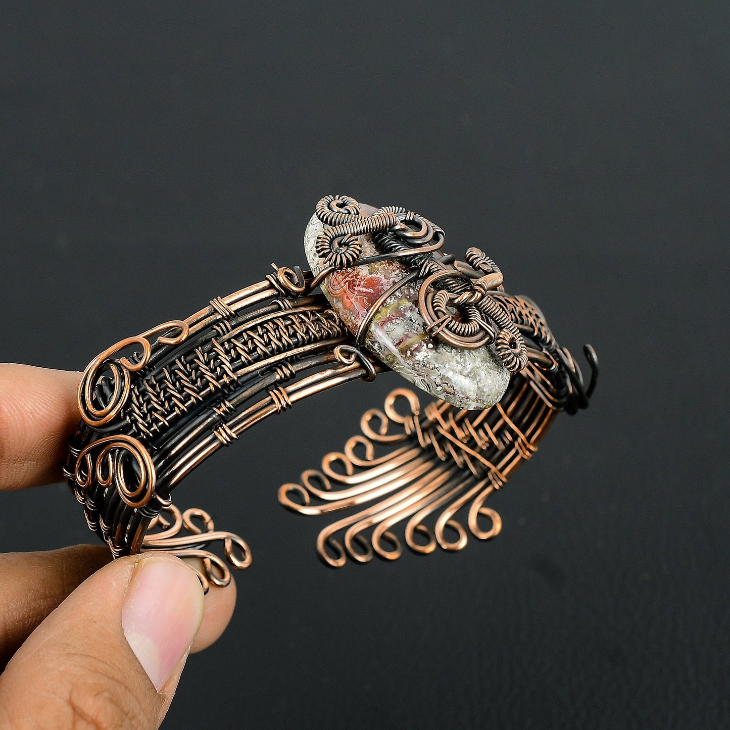 Multicolor Crazy Lace Agate Gemstone Copper Cuff Bracelet