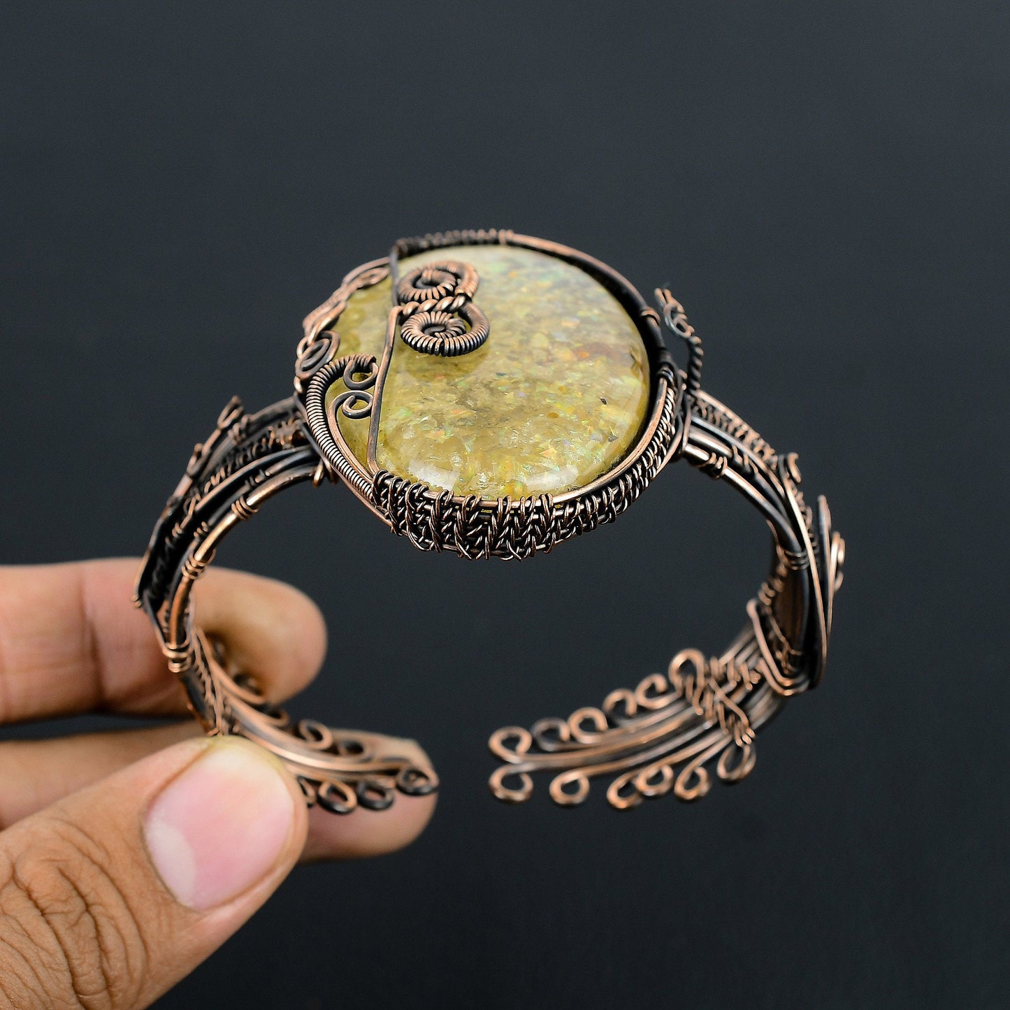 White Ethiopian Opal Gemstone Copper Cuff Bracelet