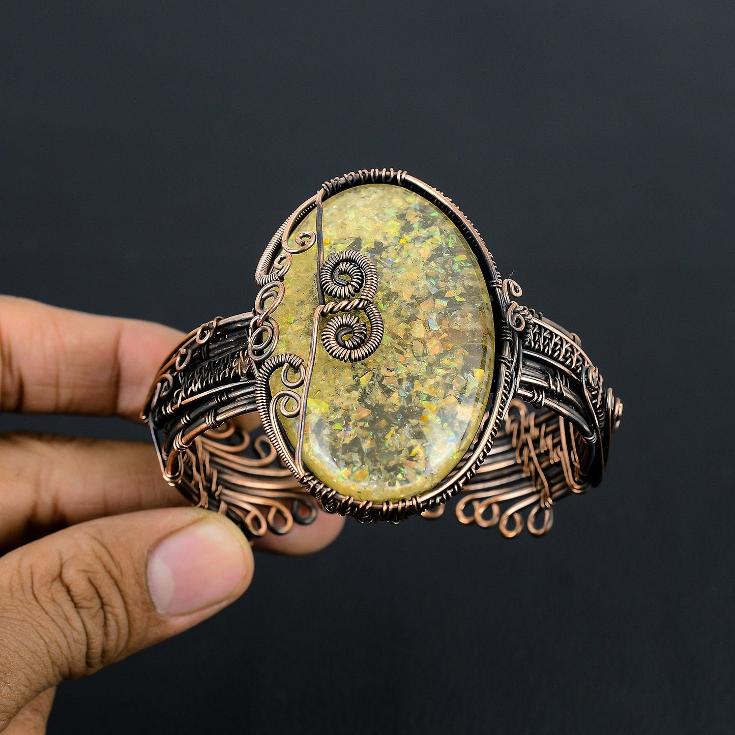 White Ethiopian Opal Gemstone Copper Cuff Bracelet