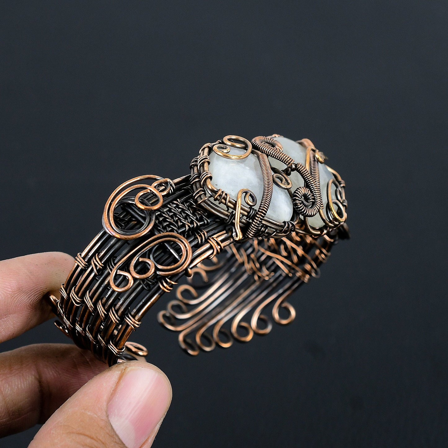 Rainbow Moonstone Gemstone Wire Cuff Bracelet