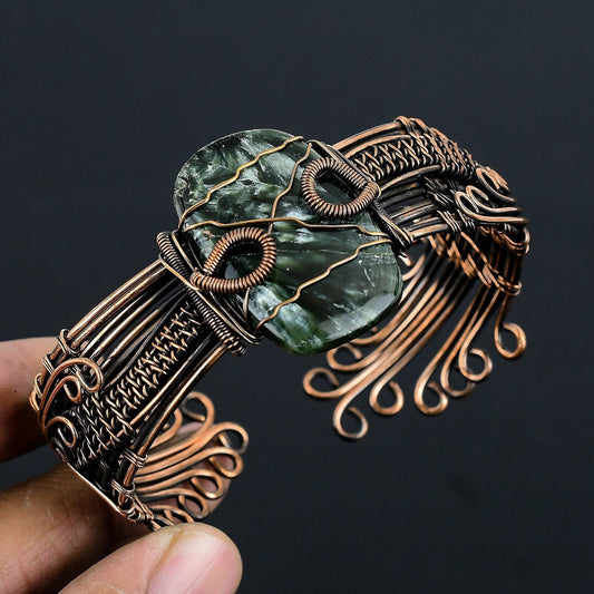 Green Seraphinite Gemstone Copper Cuff Bracelet