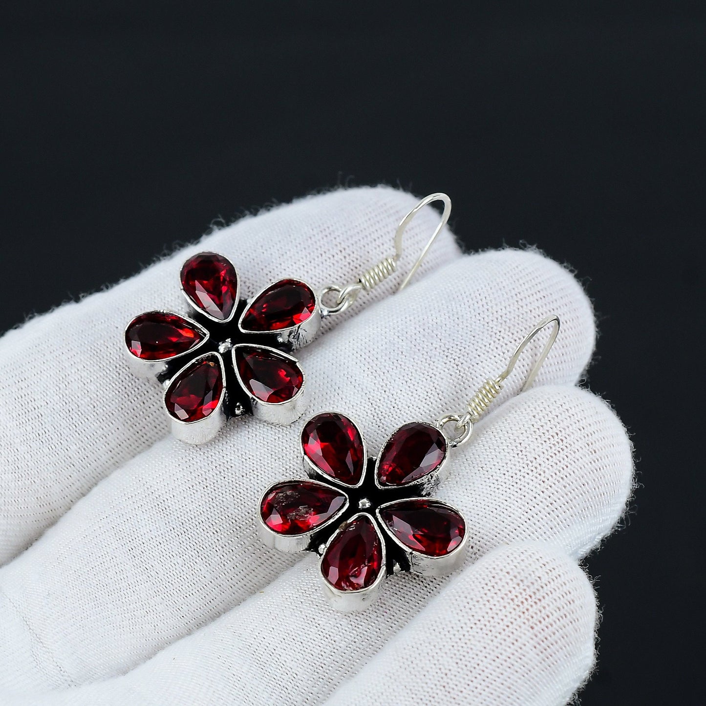 Red Garnet Flower Sterling Silver Earrings