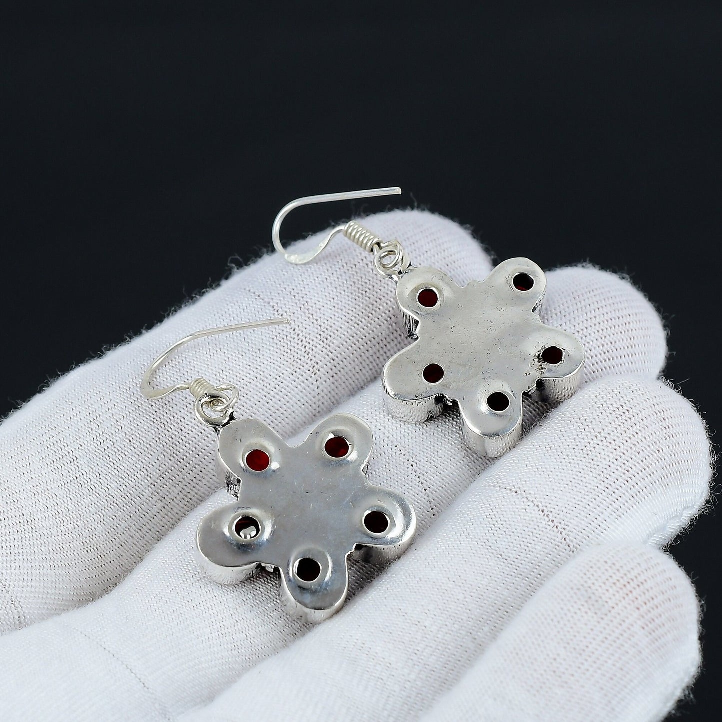 Red Garnet Flower Sterling Silver Earrings