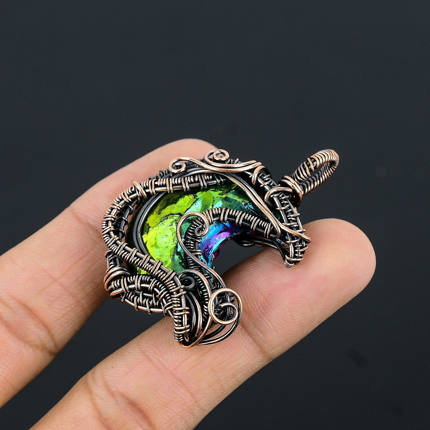 Peacock Aura Druzy Gemstone Crescent Moon Pendant