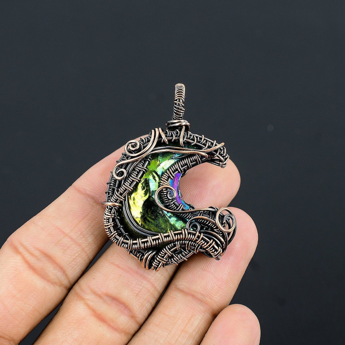Peacock Aura Druzy Gemstone Crescent Moon Pendant