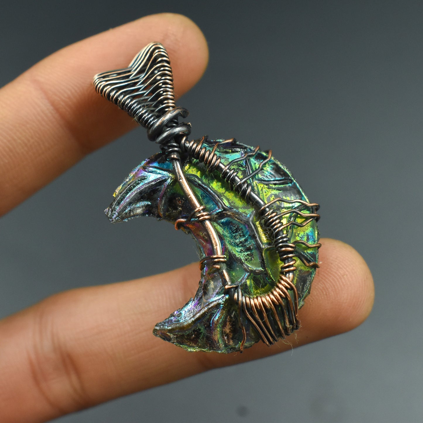 Peacock Aura Druzy Gemstone Tree of Life Moon Pendant