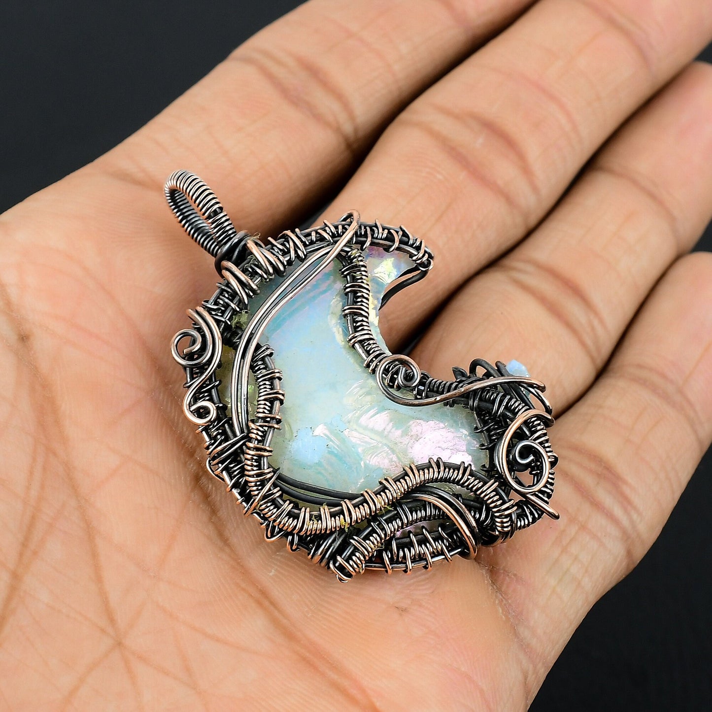 Copper Crescent Moon Gemstone Pendant