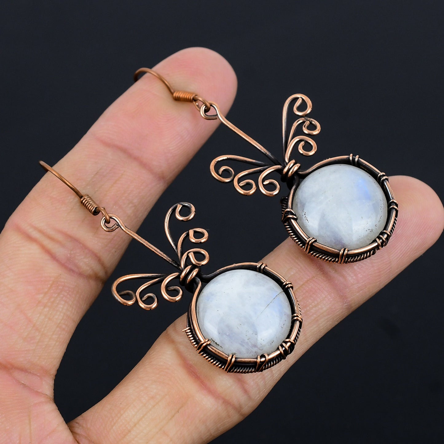 Rainbow Moonstone Gemstone Copper Earrings