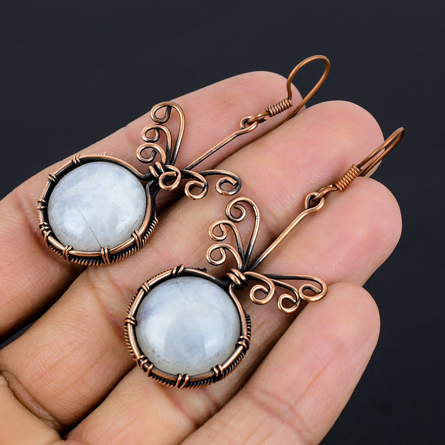 Rainbow Moonstone Gemstone Copper Earrings