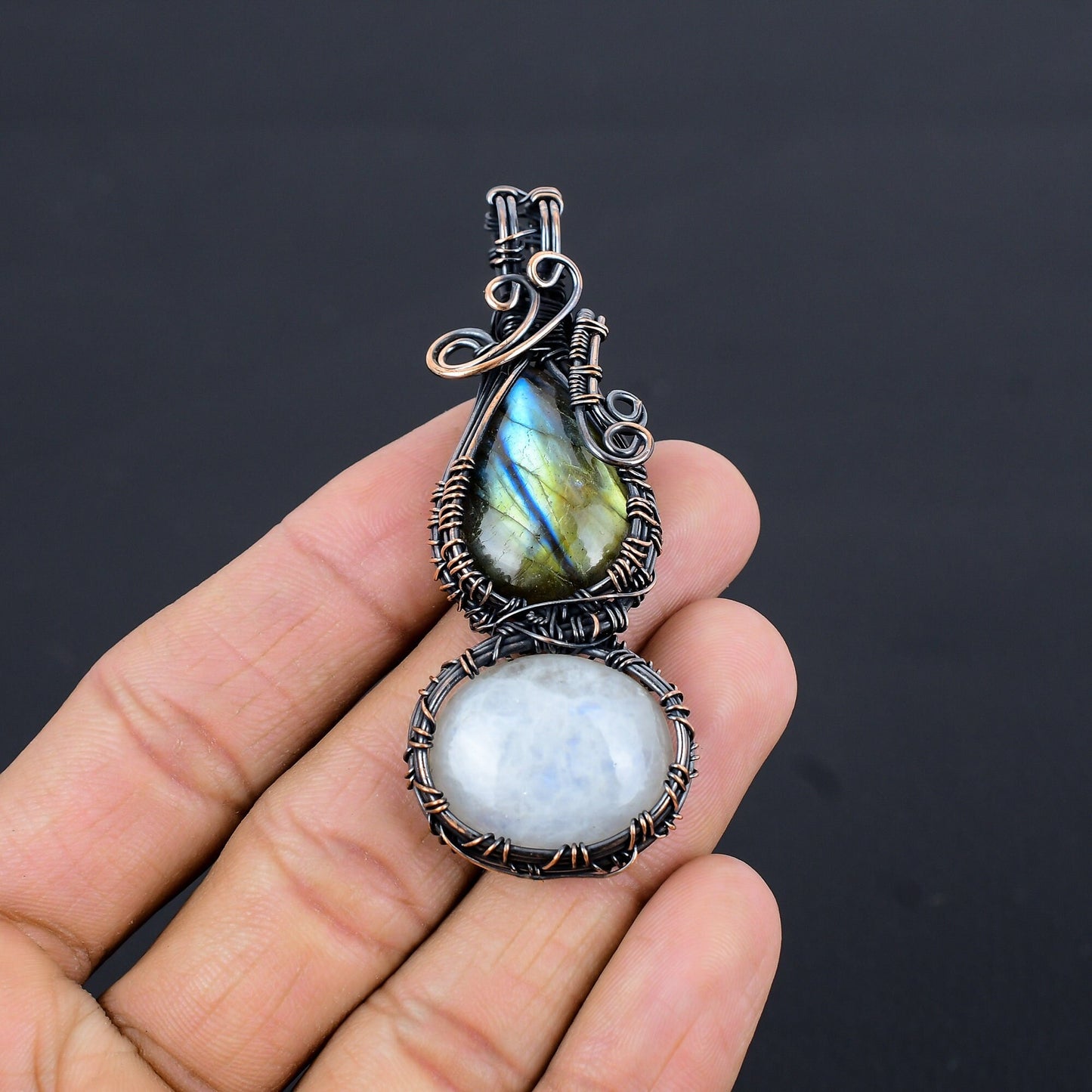 Blue Labradorite & White Moonstone Gemstone Pendant
