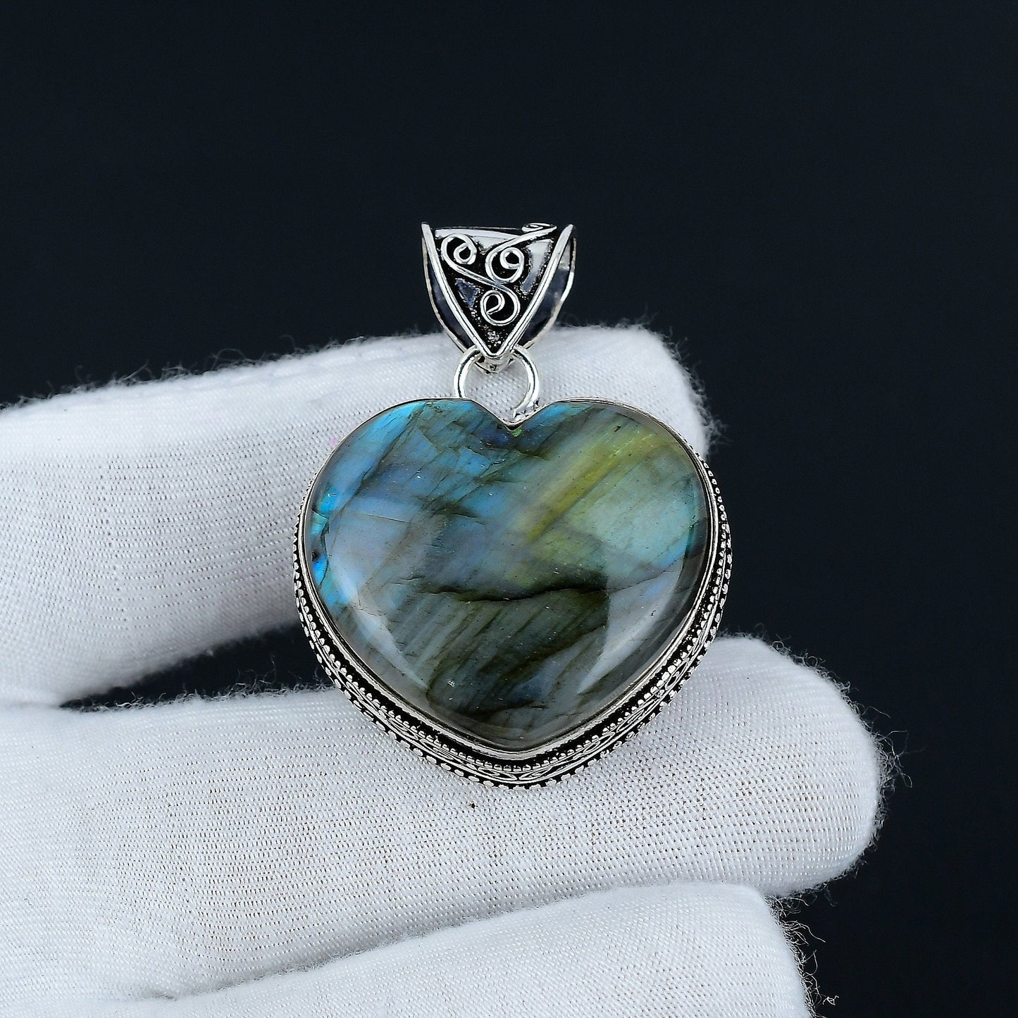 Blue-Green Labradorite Gemstone Heart Pendant