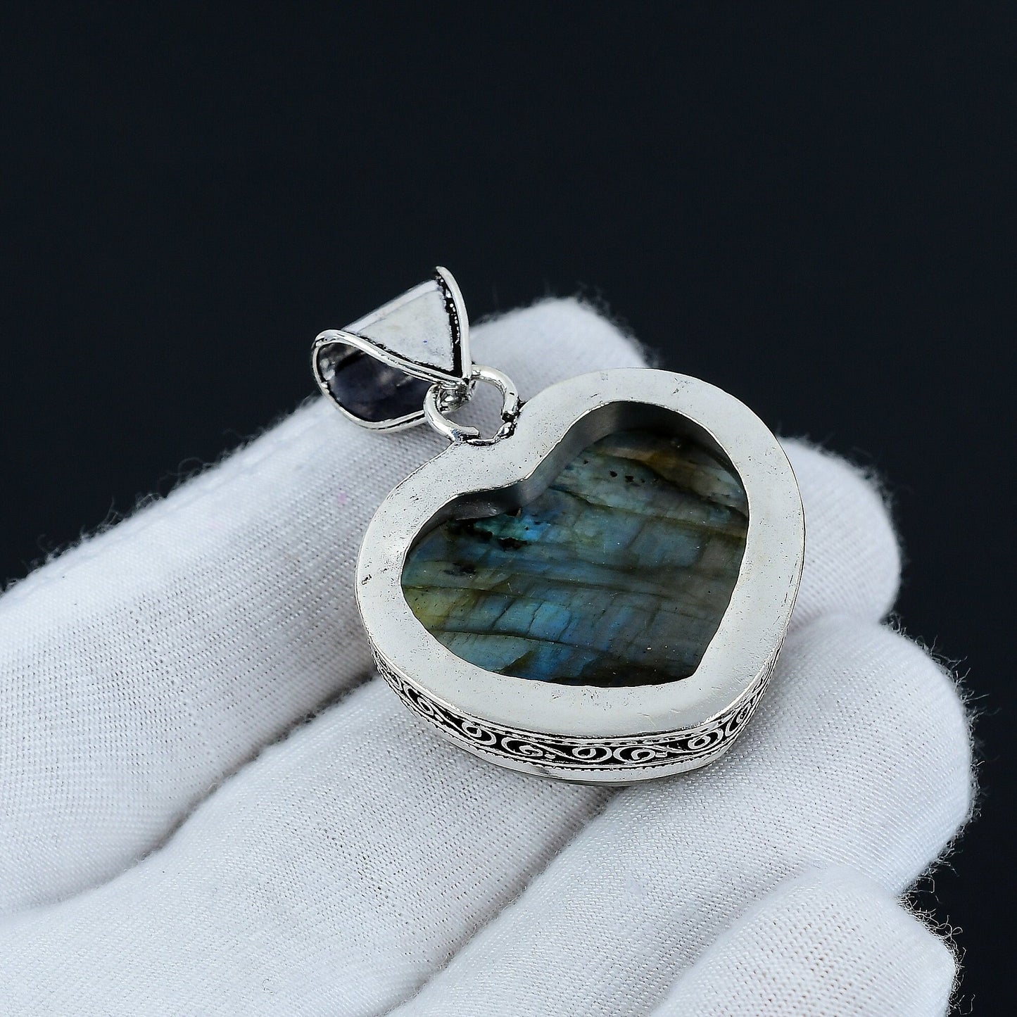 Blue-Green Labradorite Gemstone Heart Pendant