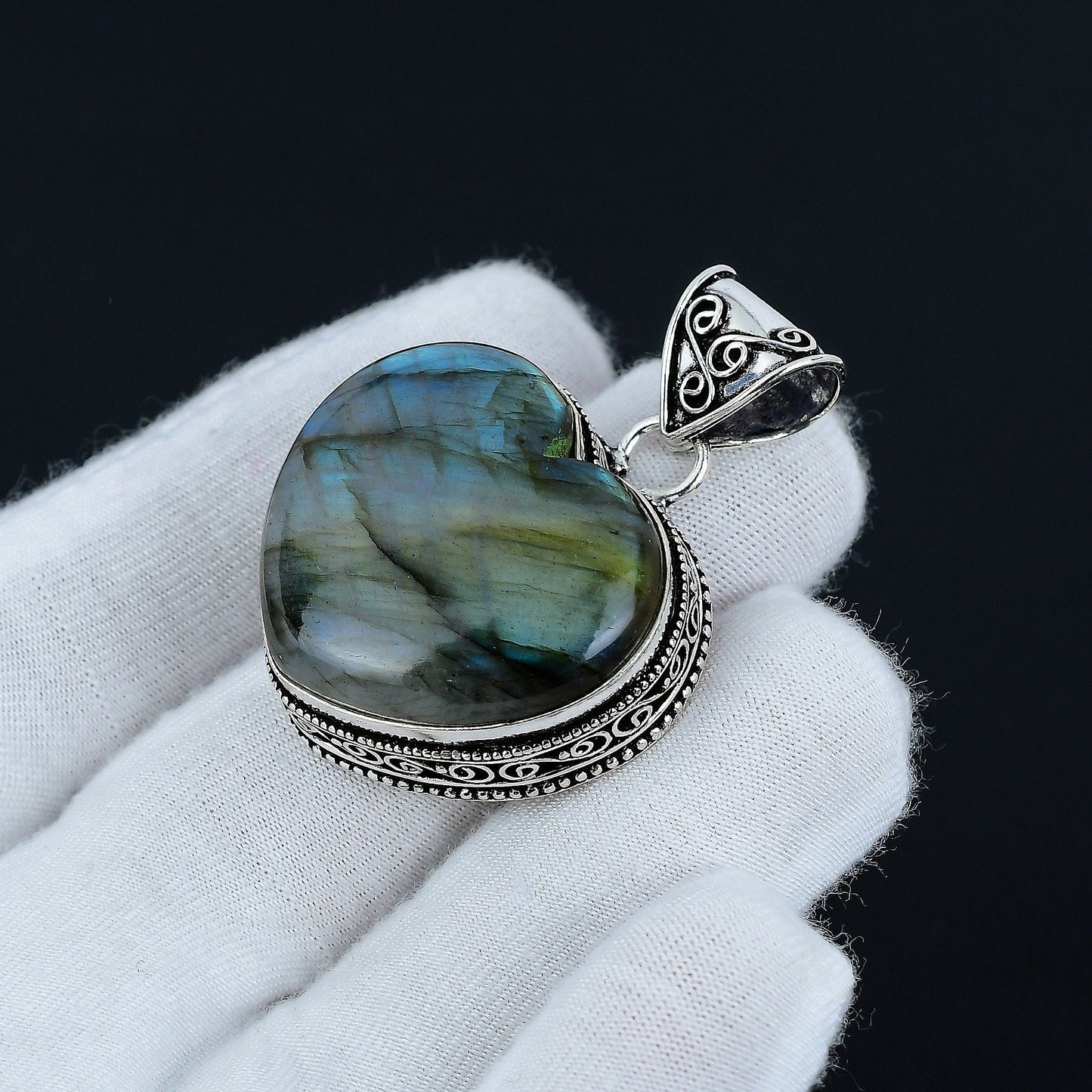 Blue-Green Labradorite Gemstone Heart Pendant