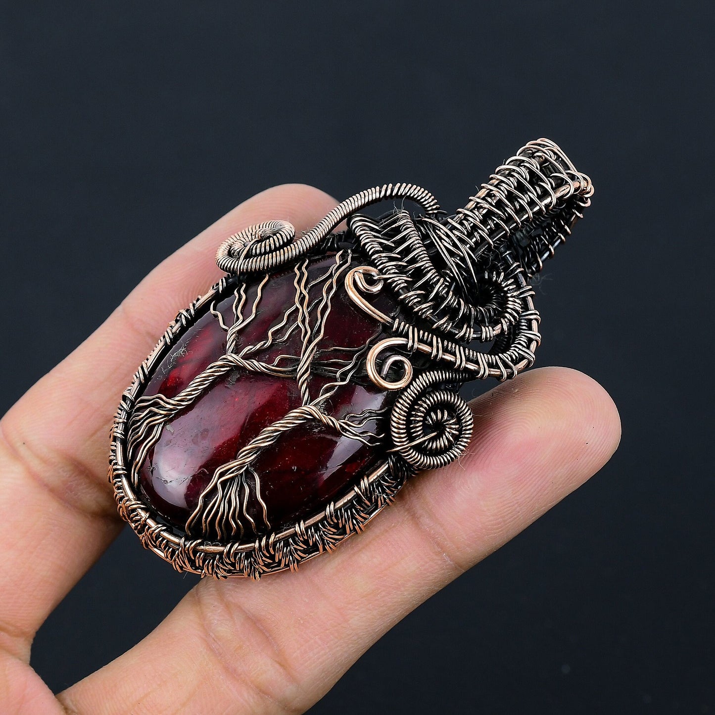 Red Flash Labradorite Gemstone Double Tree of Life Pendant